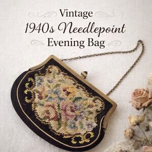 VTG 1940s Needlepoint Floral Evening Bag Brass Frame Chain Purse Petit Clutch